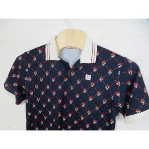 Devereux Polo Shirt Mens Medium Blue Skull Print Golf Performance Stretch Top